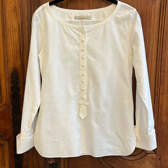 Vintage Balenciaga scoop neck long sleeve white shirt with French cuff - Picture 1 of 7
